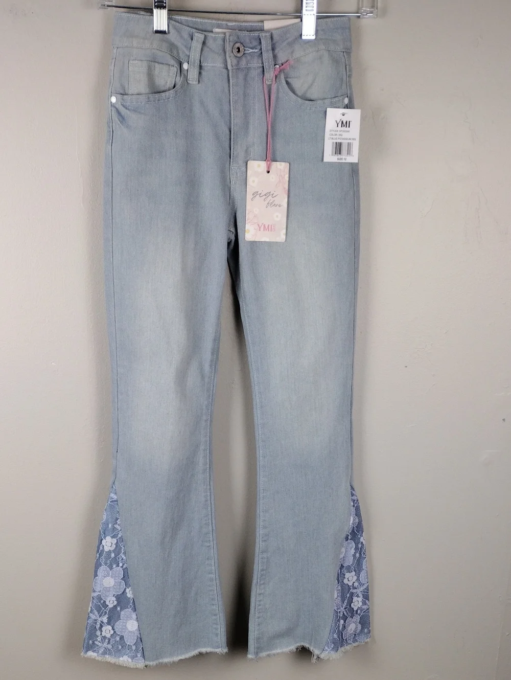 YMI Girl Gigi Flare Blue Light Potassium Wash High Rise Lace Raw Hem Denim Jean